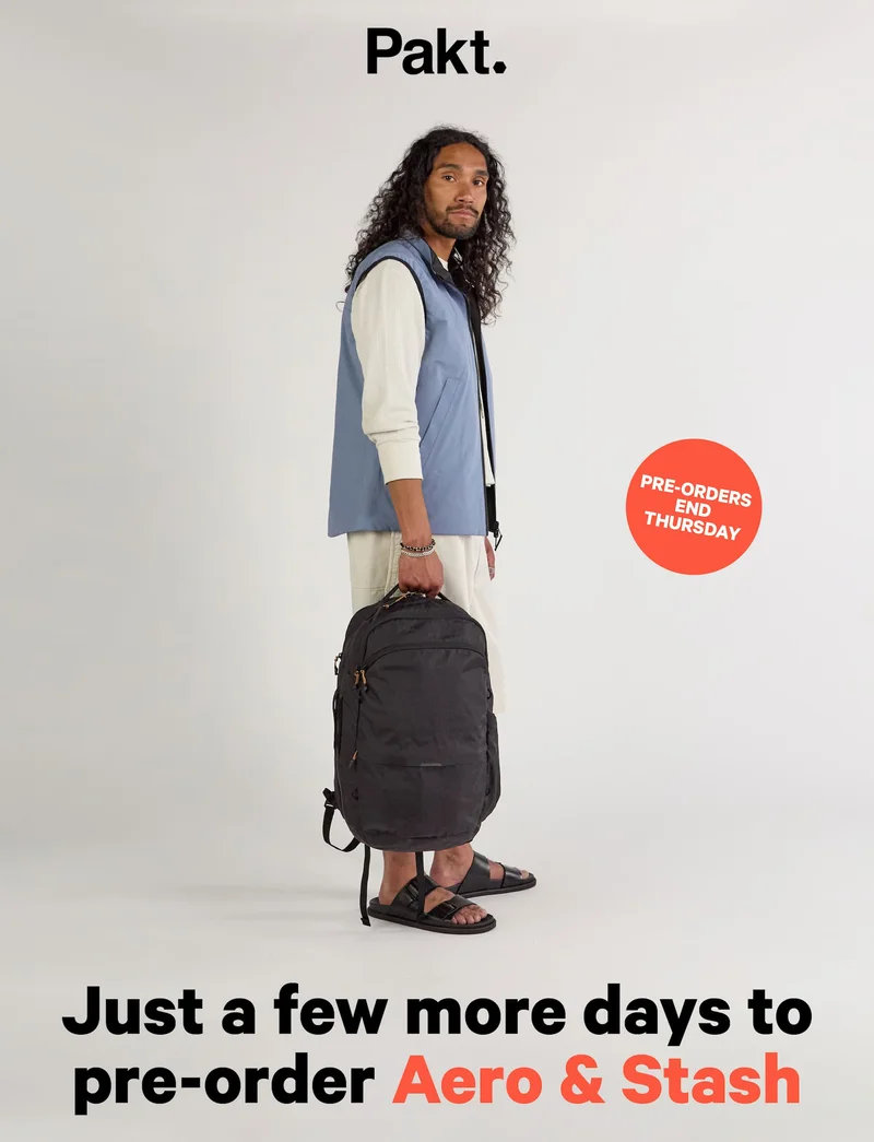 Pre-orders end Thursday! Pre-order the Aero Travel Backpack and Stash Packable Bags