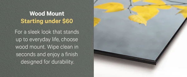 Wood Mount – Starting under $60:  For a sleek look that stands up to everyday life, choose wood mount. Wipe clean in seconds and enjoy a finish designed for durability.