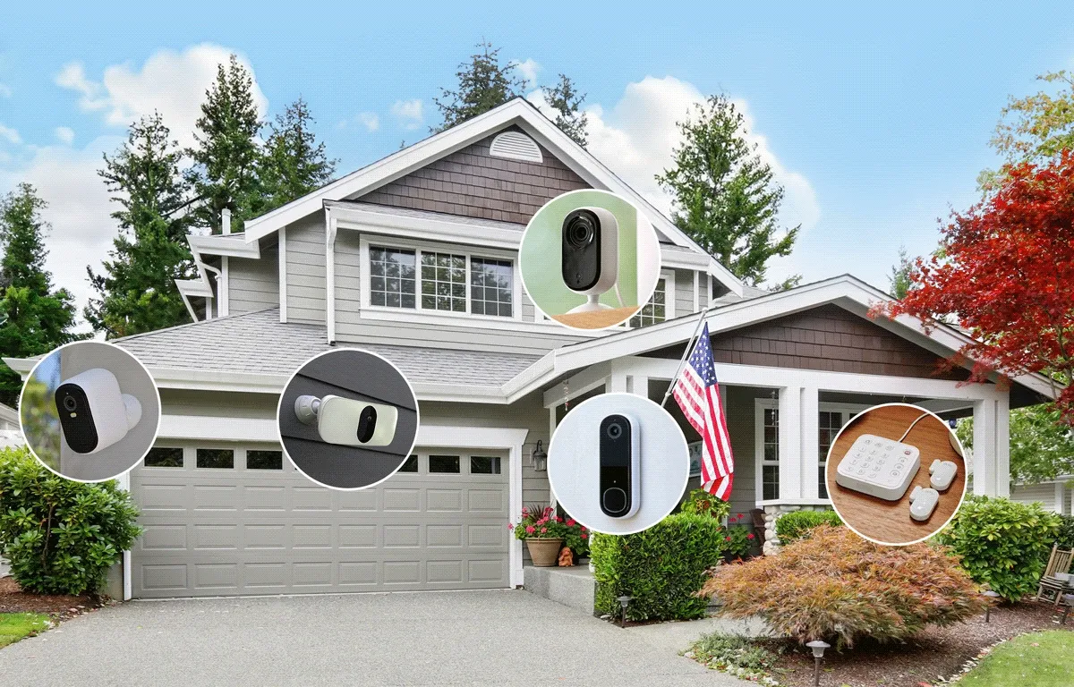 Animated image showing various Arlo security products with checkmarks.