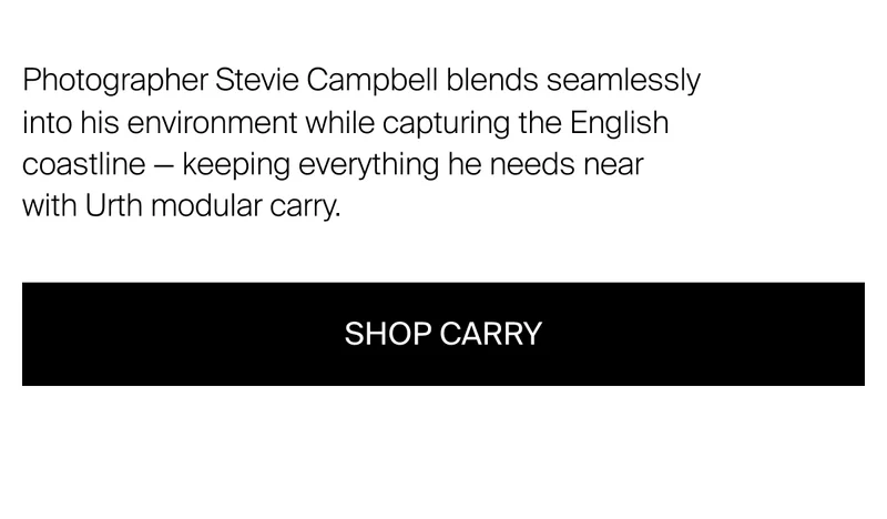 Photographer Stevie Cambell blends seamlessly into his environment while capturing the English coastline - keeping everything he needs near with Urth modular cary. Shop Carry
