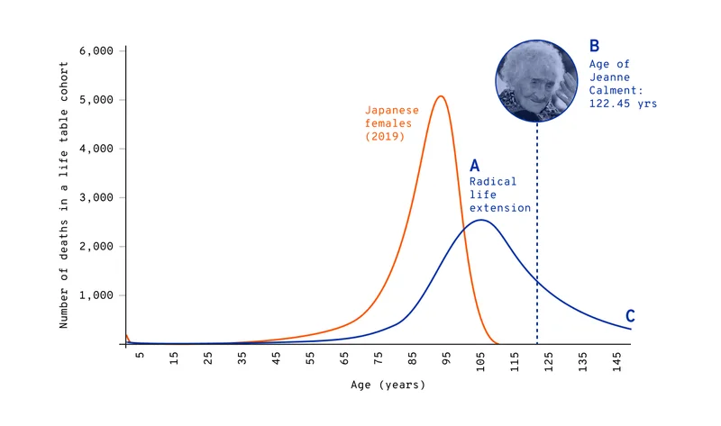 Number of deaths in a life table cohort | Age (years)