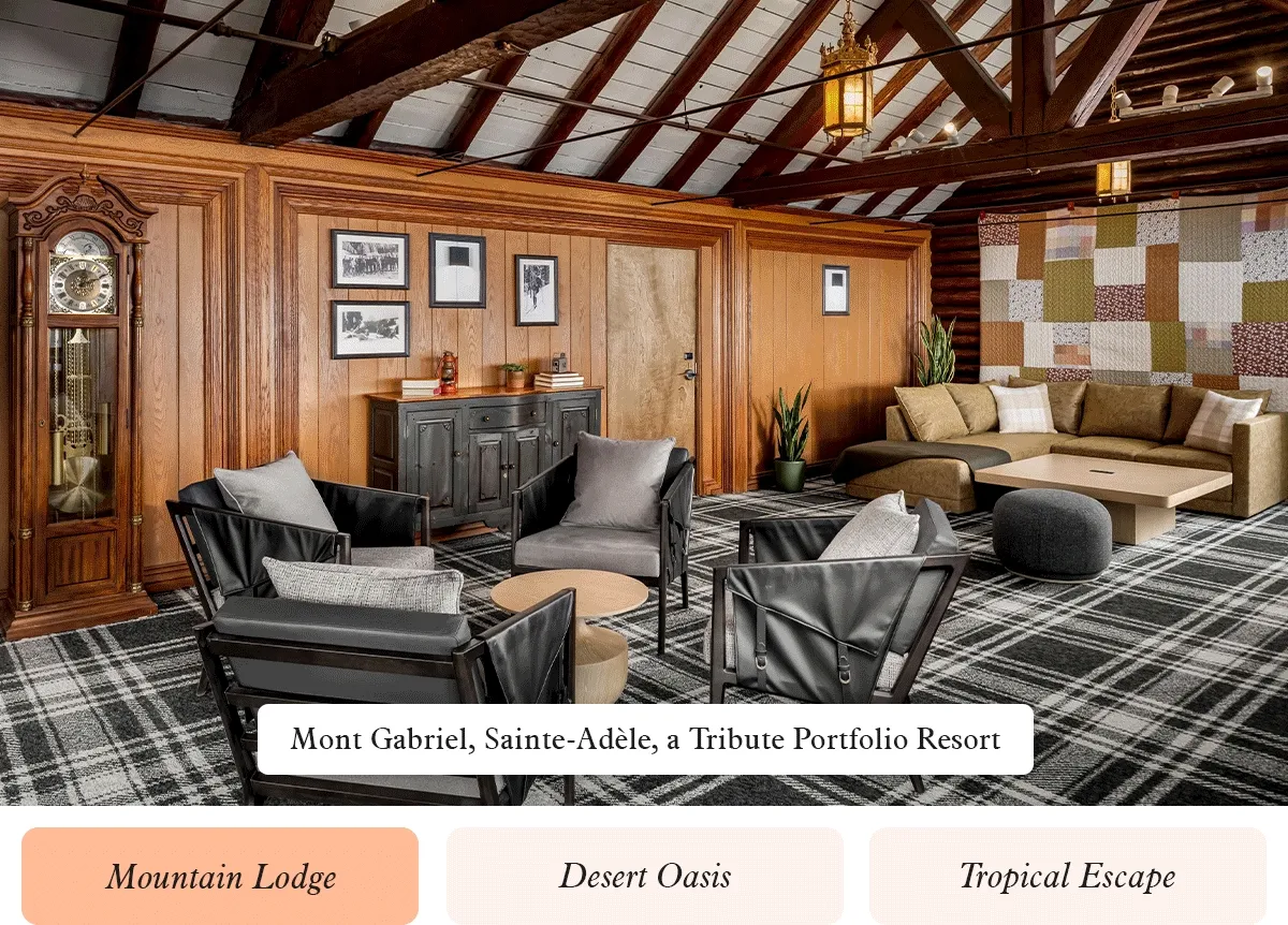 Animation showing scenes from hotels described as a mountain lodge, a desert oasis, and a tropical escape.