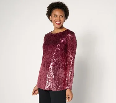 Susan Graver Occasions Ombre Sequin Long-Sleeve Top