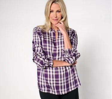 Denim & Co. Plaid Print Lurex Top with Bias Trim