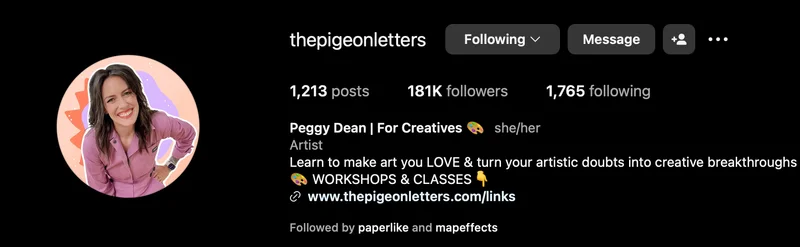 Instagram profile of Peggy Dean (@thepigeonletters)