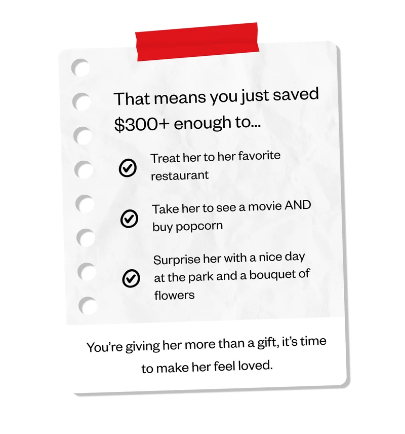 That means you just saved $300+ enough to… | Treat her to her favorite restaurant | Take her to see a movie AND buy popcorn | Surprise her with a nice day at the park and a bouquet of flowers | You’re giving her more than a gift, it’s time to make her feel loved. That means you just saved $300+ enough to… | Treat her to her favorite restaurant | Take her to see a movie AND buy popcorn | Surprise her with a nice day at the park and a bouquet of flowers | You’re giving her more than a gift, it’s time to make her feel loved.
