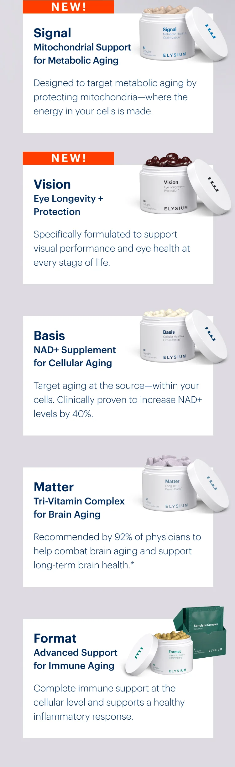 Signal Mitochondrial Support for Metabolic Aging | Vision Eye Longevity + Protection | Basis NAD+ Supplement for Cellular Aging | Matter Tri-Vitamin Complex for Brain Aging | Format Advanced Support for Immune Aging