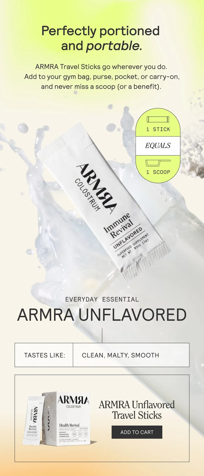 ARMRA Unflavored Travel Stick on splash background with text highlighting portability and taste notes: clean, malty, smooth.