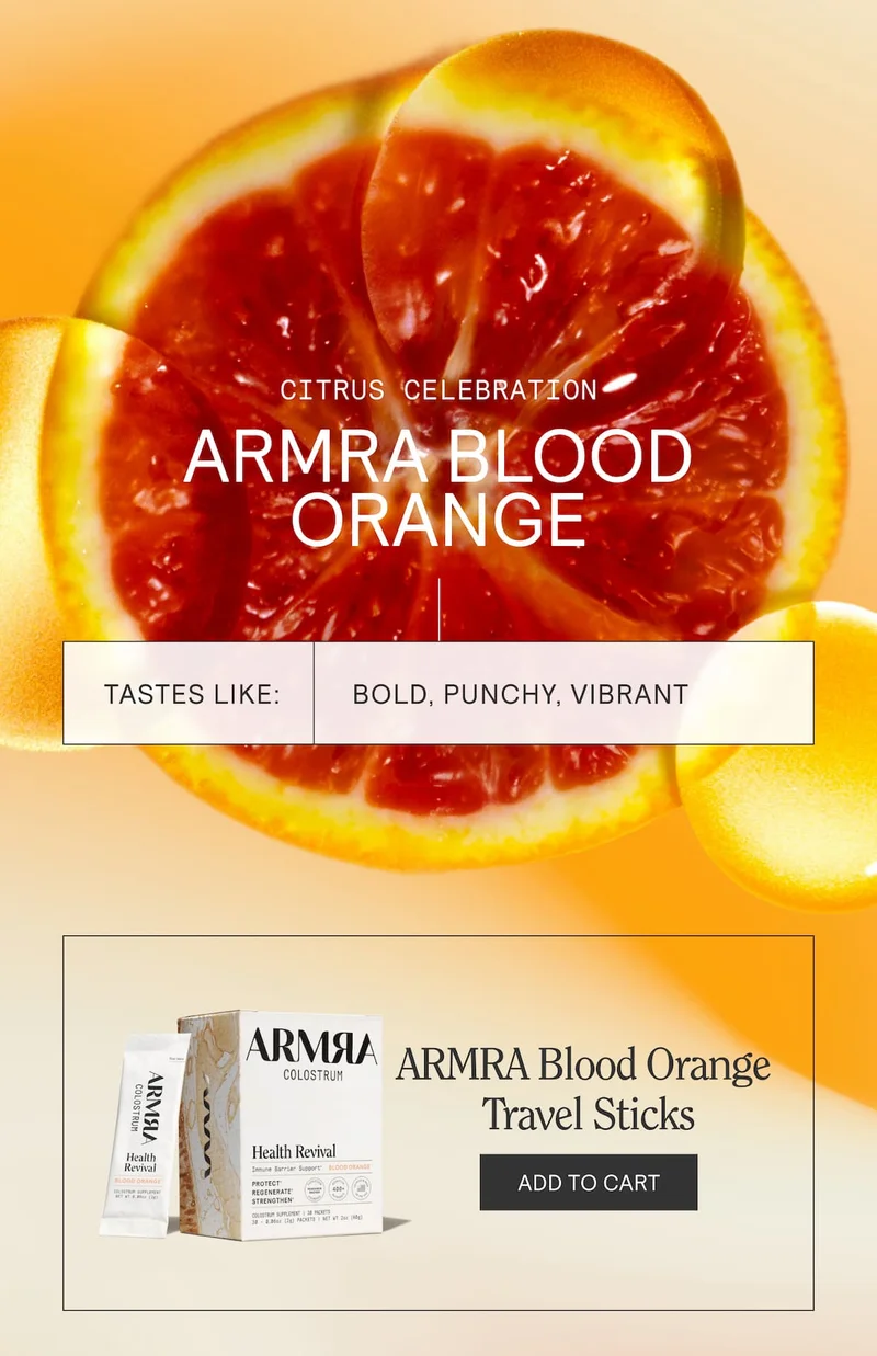 Bright blood orange slice background with text ‘ARMRA Blood Orange’ and taste notes: bold, punchy, vibrant.