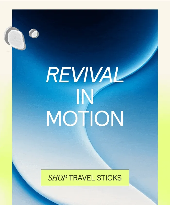 Animated GIF showing ‘Revival in Motion’ with smooth blue gradients and floating droplets, promoting ARMRA Travel Sticks.