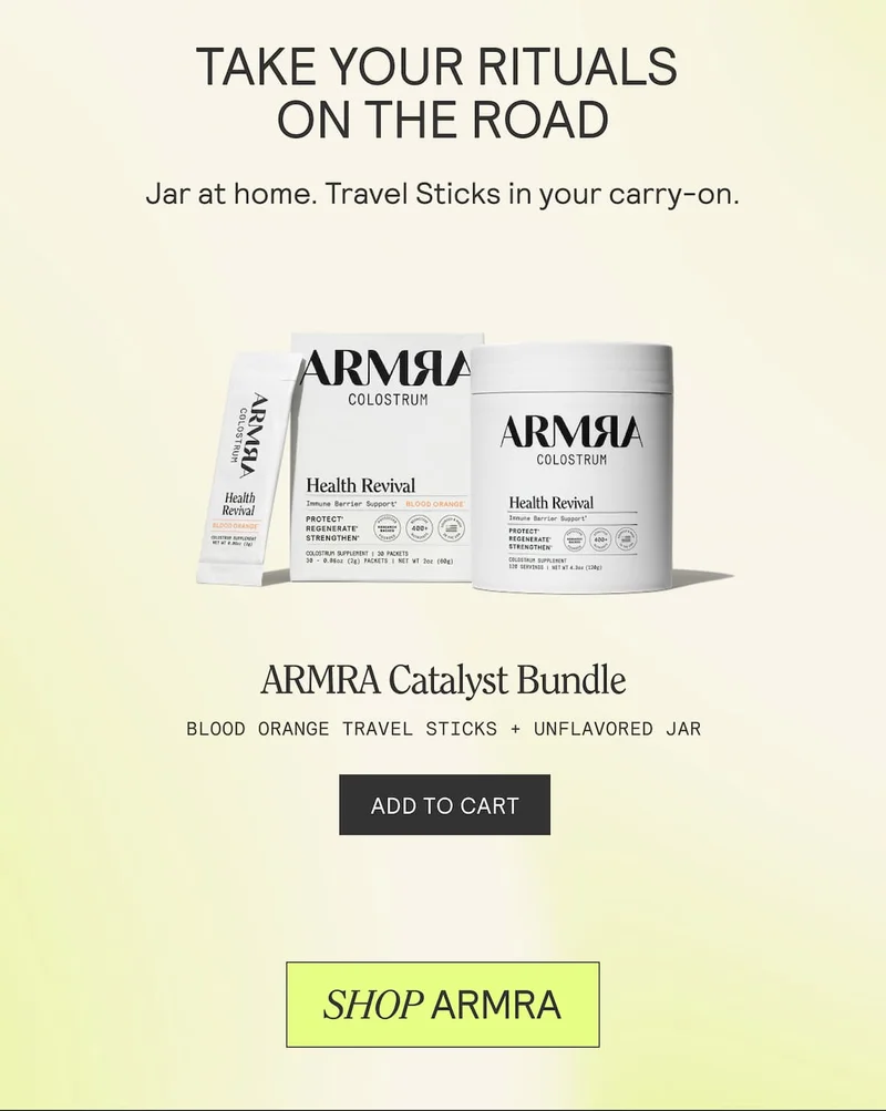 ARMRA Catalyst Bundle showing Unflavored Jar and Blood Orange Travel Sticks with text ‘Take your rituals on the road.’