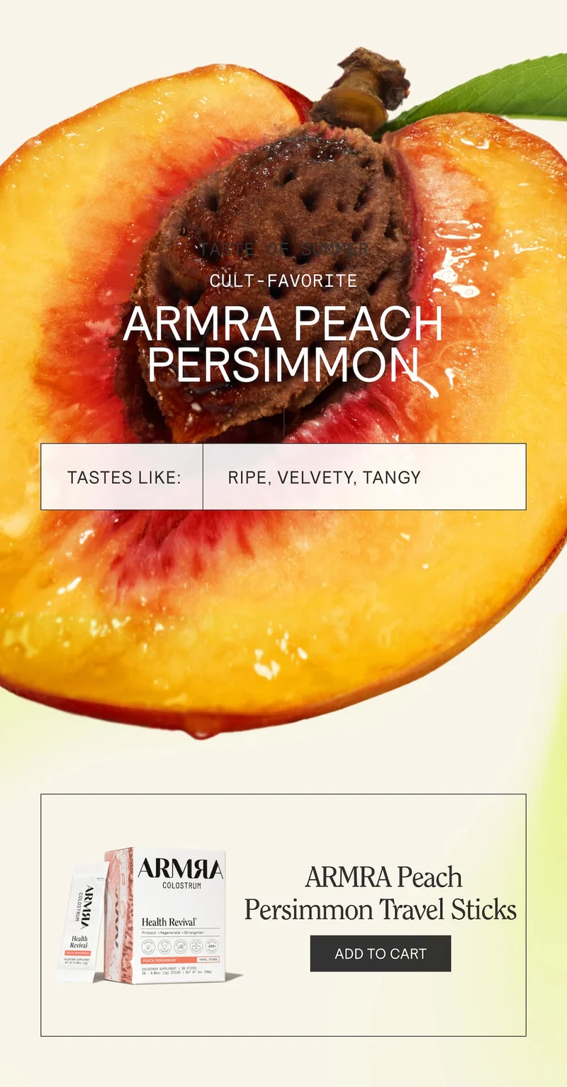 Juicy peach and persimmon background with text ‘ARMRA Peach Persimmon’ and taste notes: ripe, velvety, tangy.