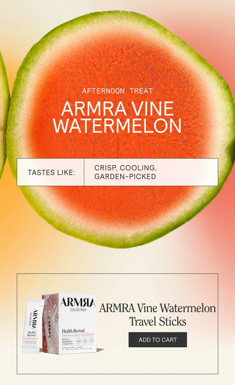 Watermelon slice background with text ‘ARMRA Vine Watermelon’ and taste notes: crisp, cooling, garden-picked.