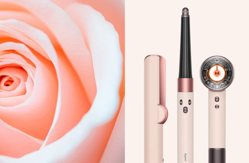 Dyson hair care range next to a pink rose