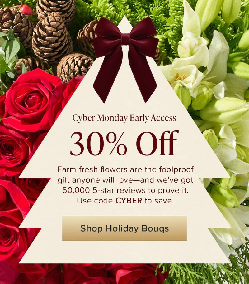 Cyber Monday Early Access: 30% Off. Farm-fresh flowers are the foolproof gift anyone will love—and we've got 50,000 5-star reviews to prove it. Use code discount code to save. Shop Holiday Bouqs.