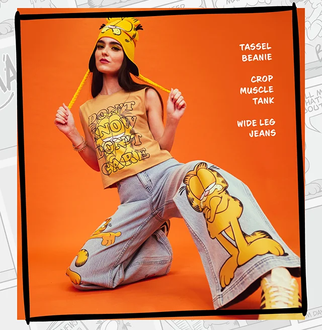 Products Shown - Tassel Beanie - Crop Muscle Tank - Wide Leg Jeans