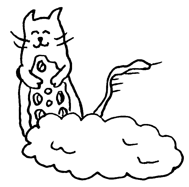 A line drawing of a cat hugging a mushroom while sitting on a cloud