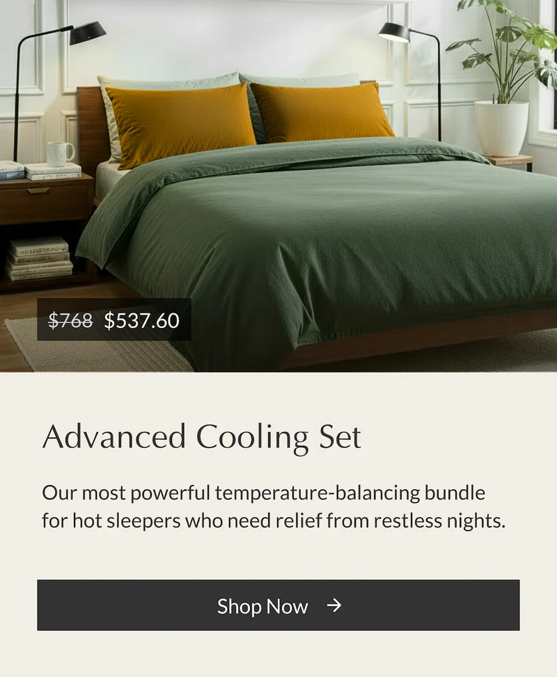 Buffy Advanced Cooling Set — powerful cooling bedding for hot sleepers and college students.