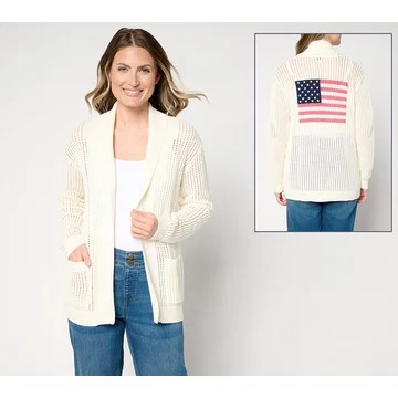 Joan Rivers 100% Cotton Open Knit Crochet Flag Cardigan