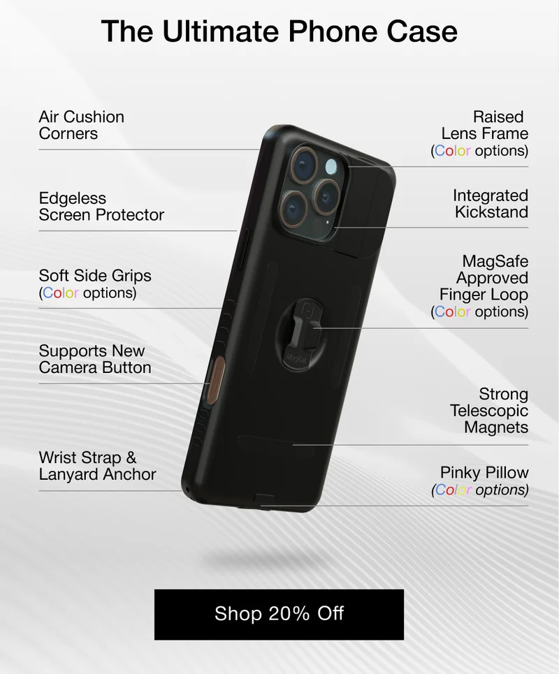The Ultimate Phone Case Air Cushion Corners Raised  Lens Frame (Color options) Edgeless  Screen Protector Integrated Kickstand Soft Side Grips (Color options) MagSafe Approved Finger Loop (Color options) Supports New Camera Button Strong Telescopic Magnets Wrist Strap & Lanyard Anchor Pinky Pillow (Color options)