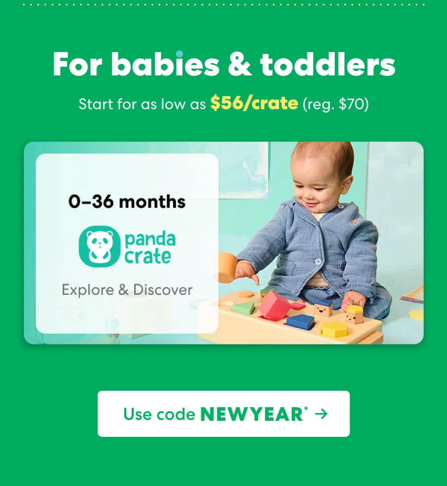 Baby playing with a KiwiCo Panda Crate toy. Designed for ages 0–36 months to explore and discover.