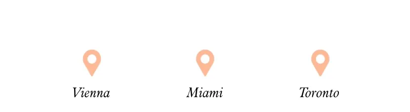 Airplane icon flying over Vienna, Miami, and Toronto destination pins and leaves a dotted line behind it as it goes.