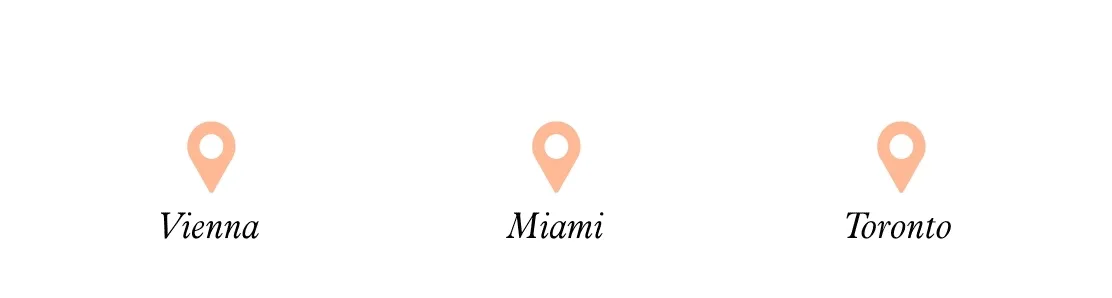 Airplane icon flying over Vienna, Miami, and Toronto destination pins and leaves a dotted line behind it as it goes.