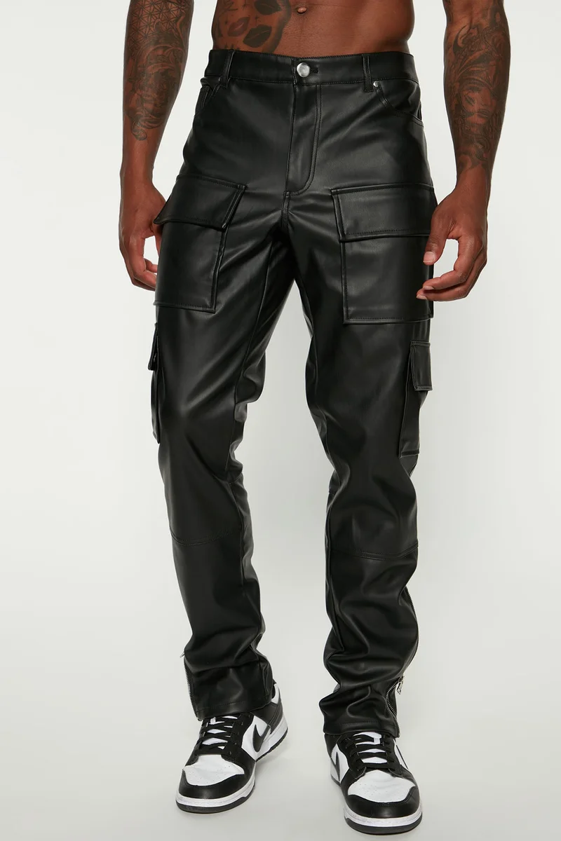 Image of Zip It Faux Leather Slim Cargo Pants - Black