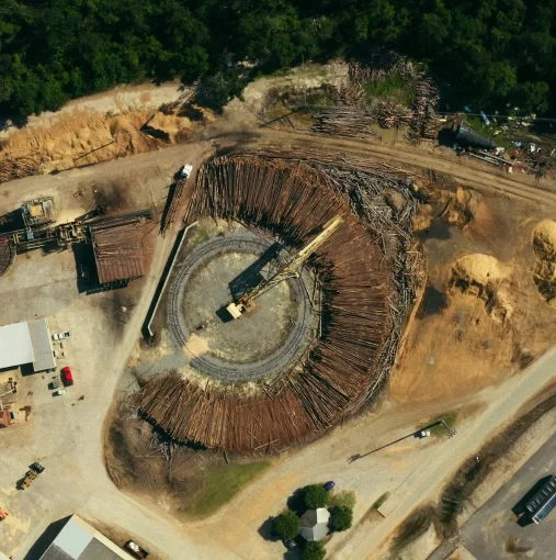 An aerial view of an open pit mine.
