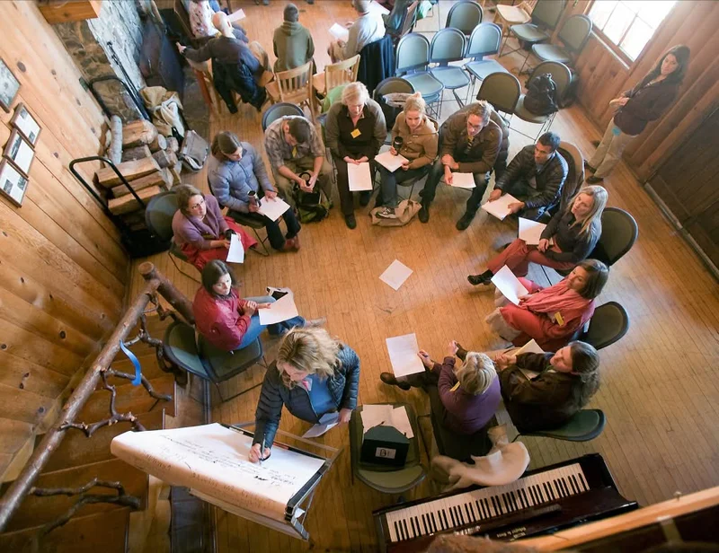 Patagonia. A group of people sit in a circle at a conference.