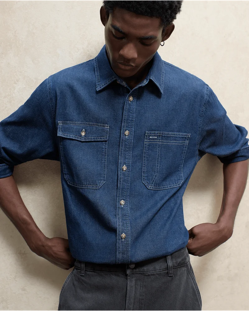 Image | Model in Denim Utility Shirt and Baggy Rigid Jean