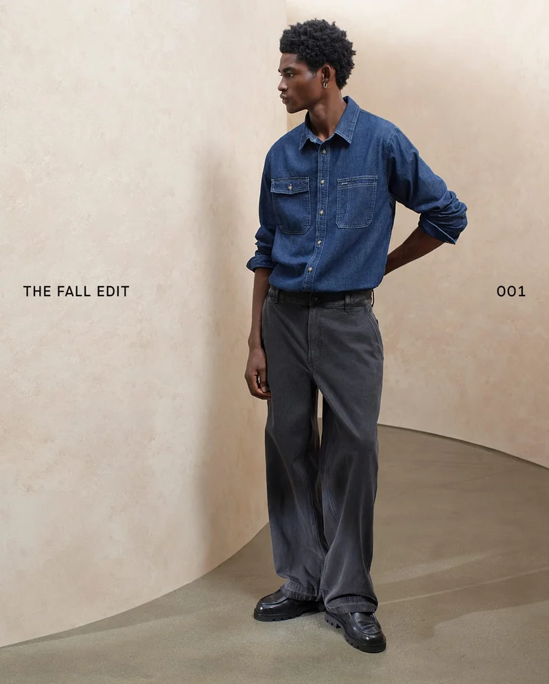 Image | The Fall Edit 001 | Model in Denim Utility Shirt and Baggy Rigid Jean