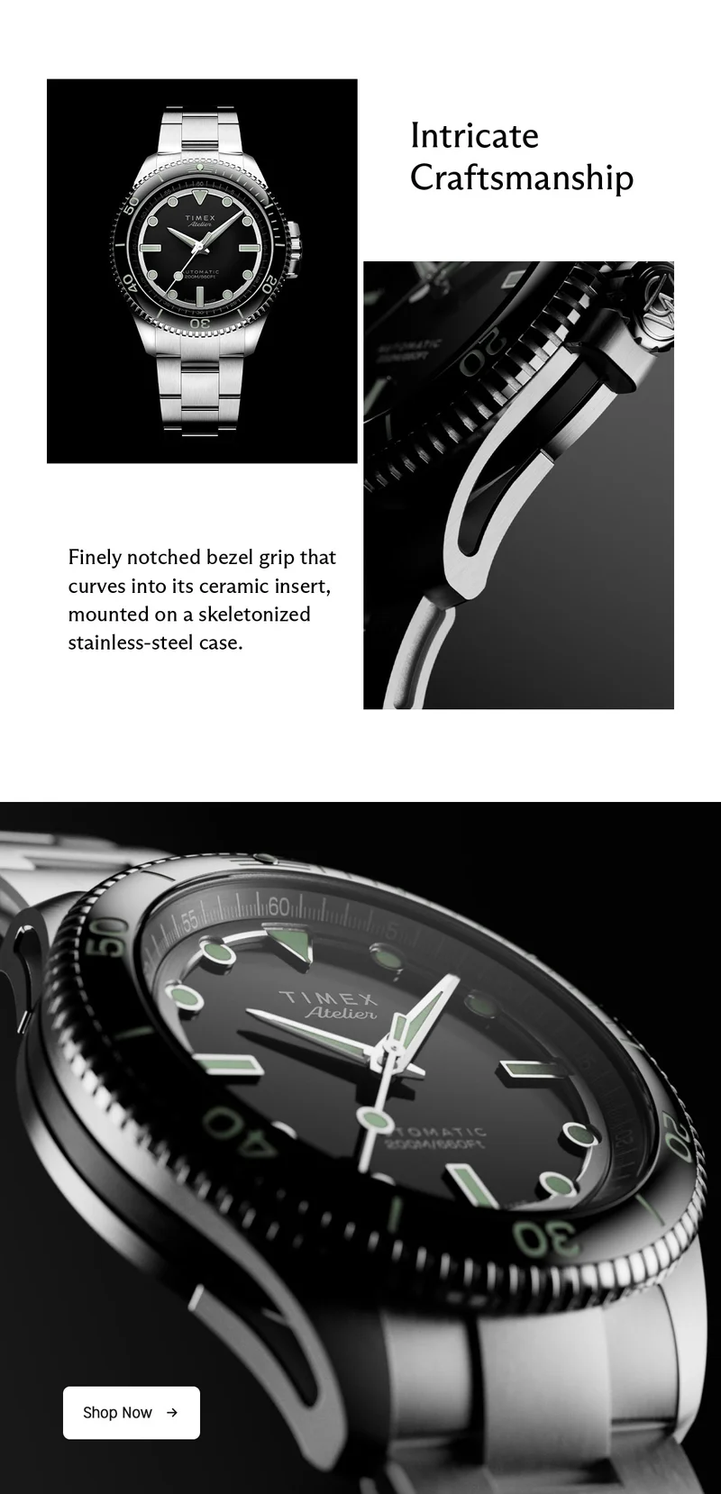 Intricate Craftmanship | Finely notched bezel grip that curves into its ceramic insert, mounted on a skeletonized stainless-steel case. | Shop Now