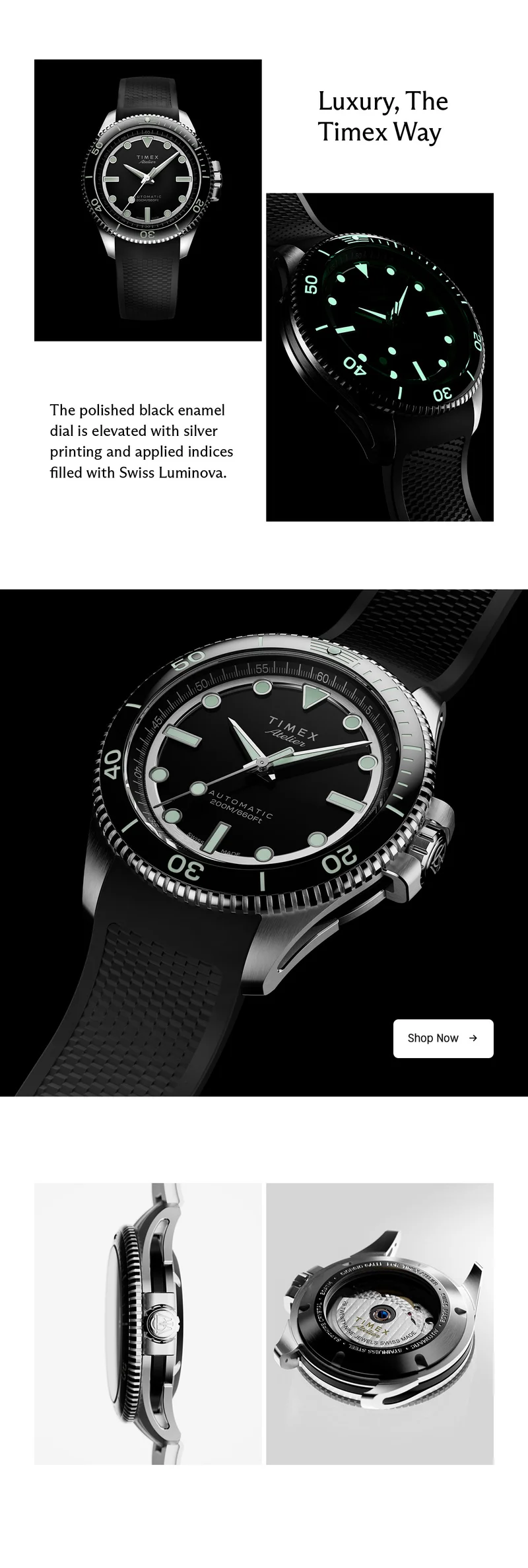 Luxury, The Timex Way | The polished black enamel dial is elevated with silver printing and applied indices fill with Swiss Luminova. | Shop Now