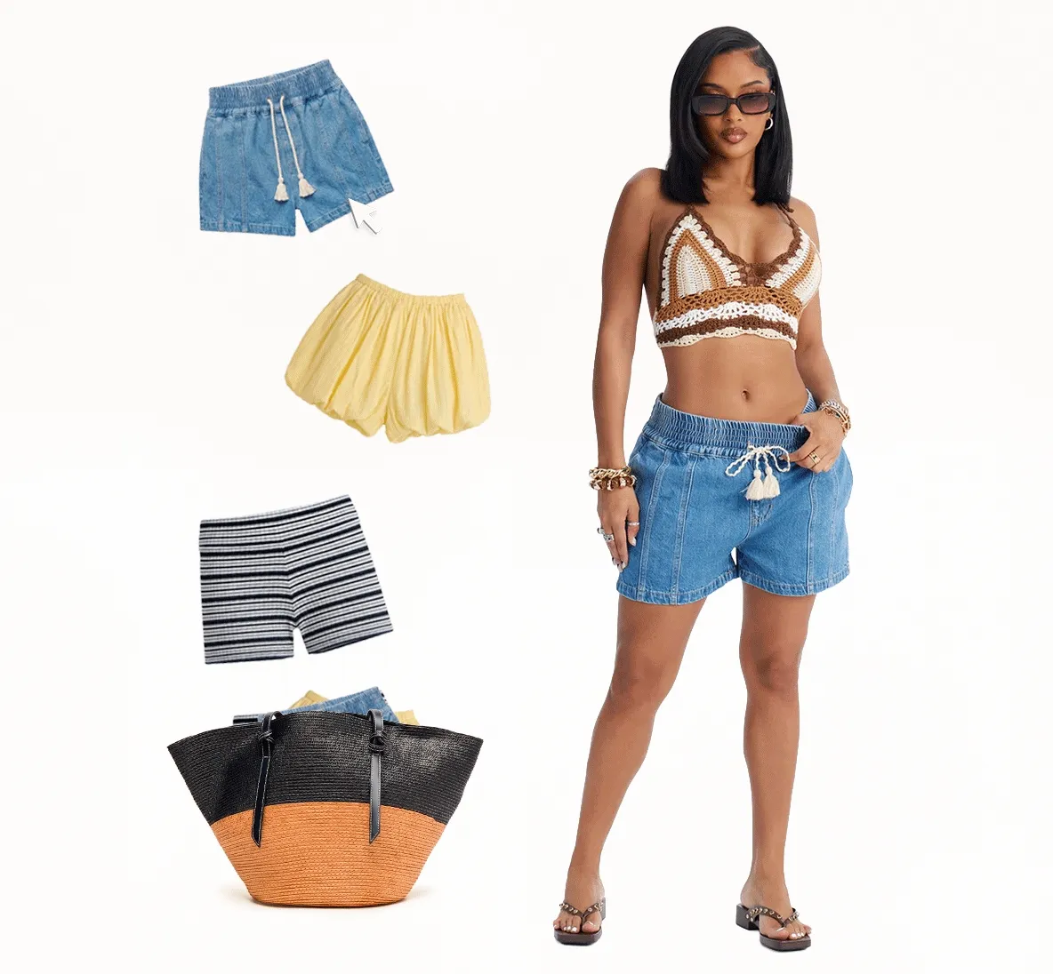 Woman models a brown crochet top and blue denim drawstring shorts. Yellow, striped shorts, & a straw tote bag accent this versatile summer fashion collection.