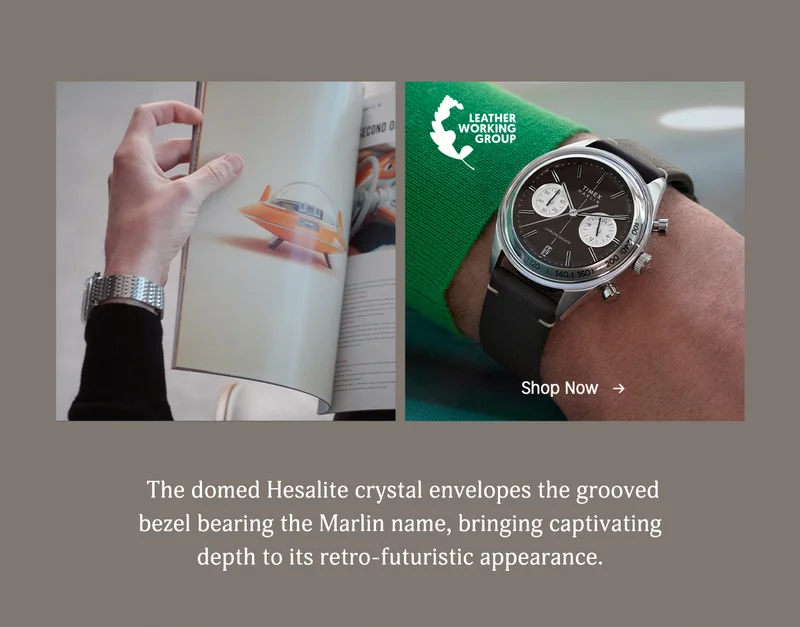 The domed Hesalite crystal envelopes the grooved bezel bearing the Marlin name, bringing captivating depth to its retro-futuristic appearance.