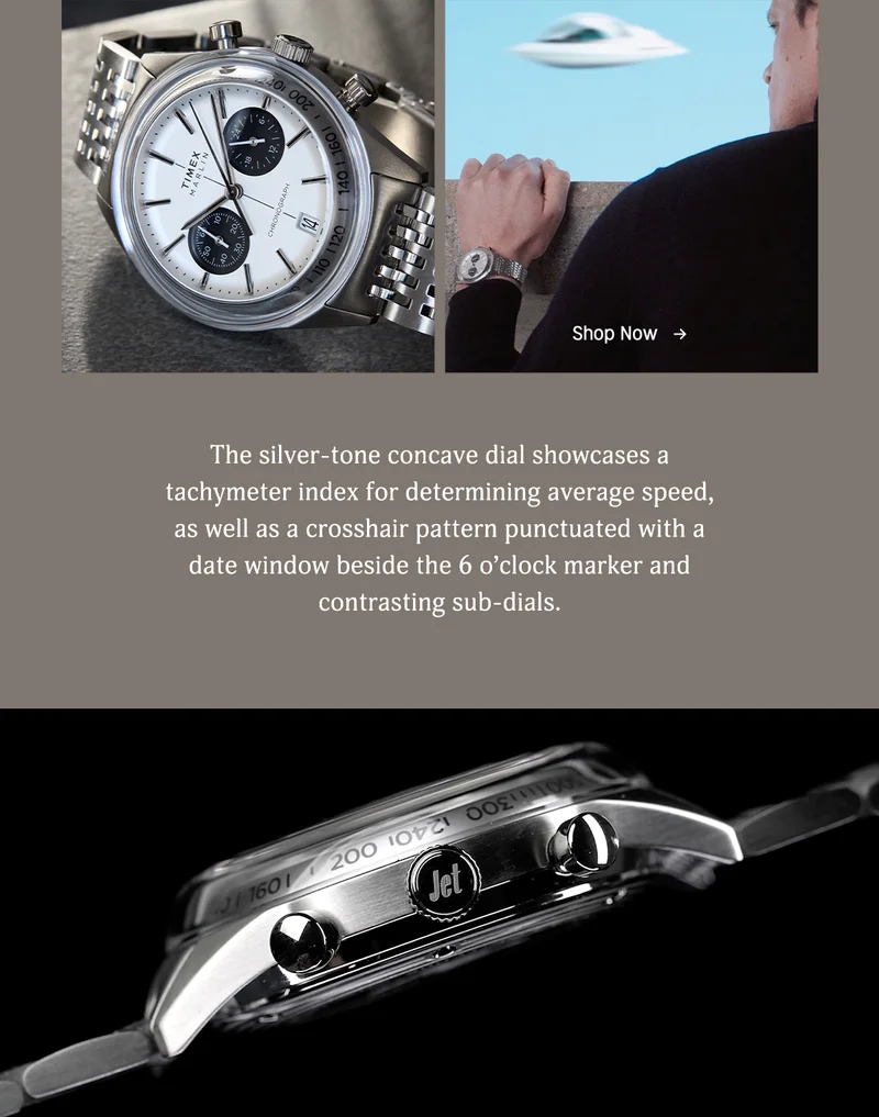 The silver-tone concave dial showcases a tachymeter index for determining average speed as well as a crosshair pattern punctuated with a date window beside the 6 o'clock marker and contrasting sub-dials.