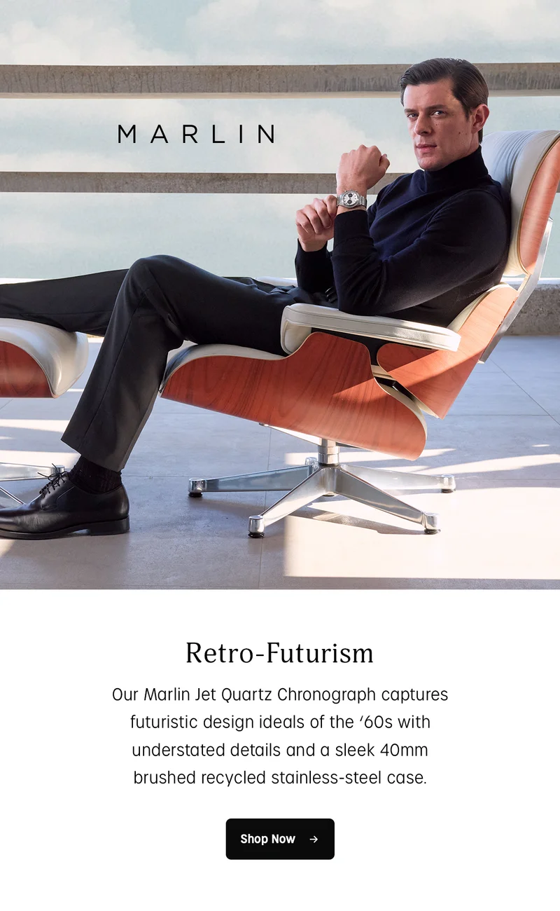 Retro-Futurism | Our Marlin Jet Quartz Chronograph captures futuristic design ideals of the 60's with understated details and a sleek 40mm brushed recycled stainless-steel case. | Shop Now