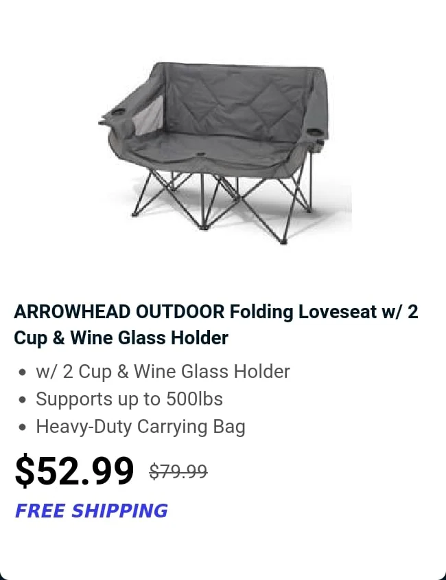 ARROWHEAD OUTDOOR Folding Loveseat w/ 2 Cup & Wine Glass Holder