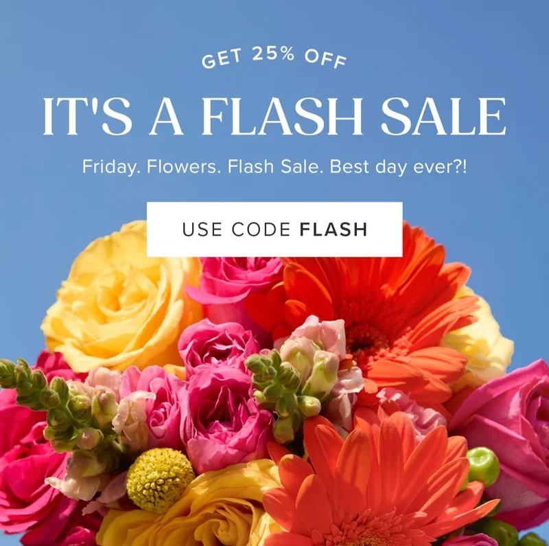It's A Flash Sale! Get 25% OFF! Friday. Flowers. Flash Sale. Best day ever?! Use code FLASH.