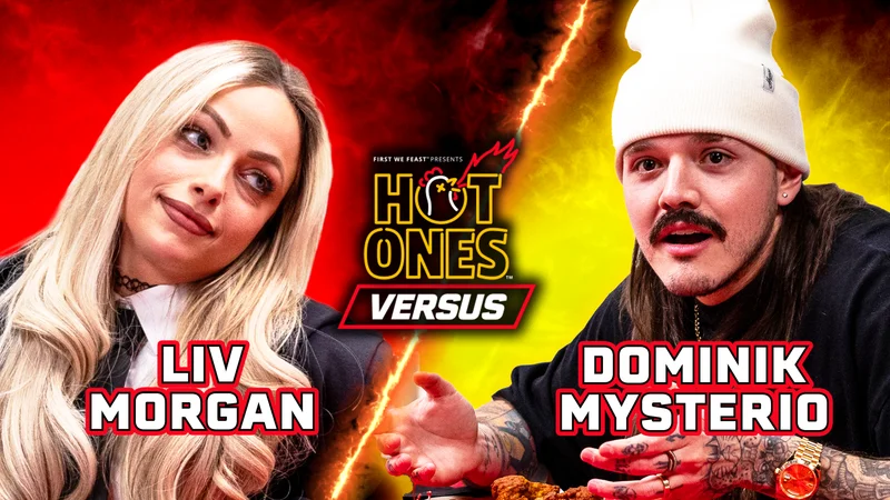 Liv Morgan and Dominik Mysterio on Hot Ones Versus.