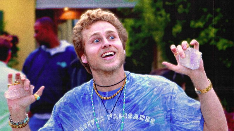 Image may contain: Spencer Pratt crystals, spencer pratt, Accessories, Jewelry, Necklace, Adult, Person, Face, Head, Photography, and Portrait
