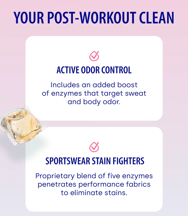 Your Post-Workout Clean | Active Odor Control Includes an added boost of enzymes that target sweat and body odor. | &nbsp;Sportswear Stain Fighters Proprietary blend of five enzymes penetrates performance fabrics to eliminate stains.