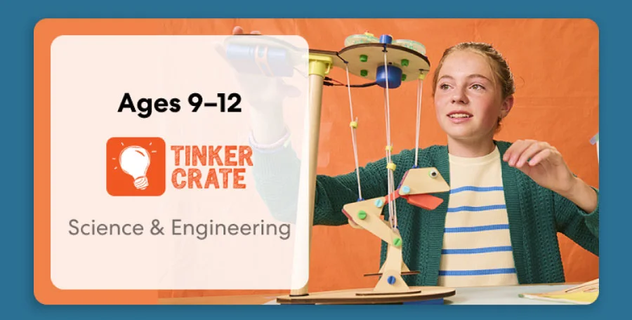 Tween building an engineering project from KiwiCo Labs, suitable for ages 9–12. Perfect for exploring engineering concepts.