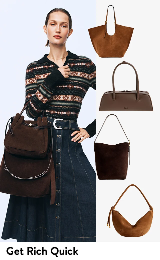 A woman carrying brown bags. Handbags in different shades of brown.
