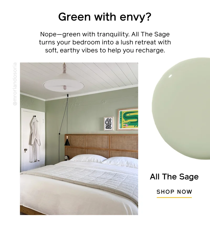 Green with envy? Nope—green with tranquility. All The Sage turns your bedroom into a lush retreat with soft, earthy vibes to help you recharge. All The Sage SHOP NOW