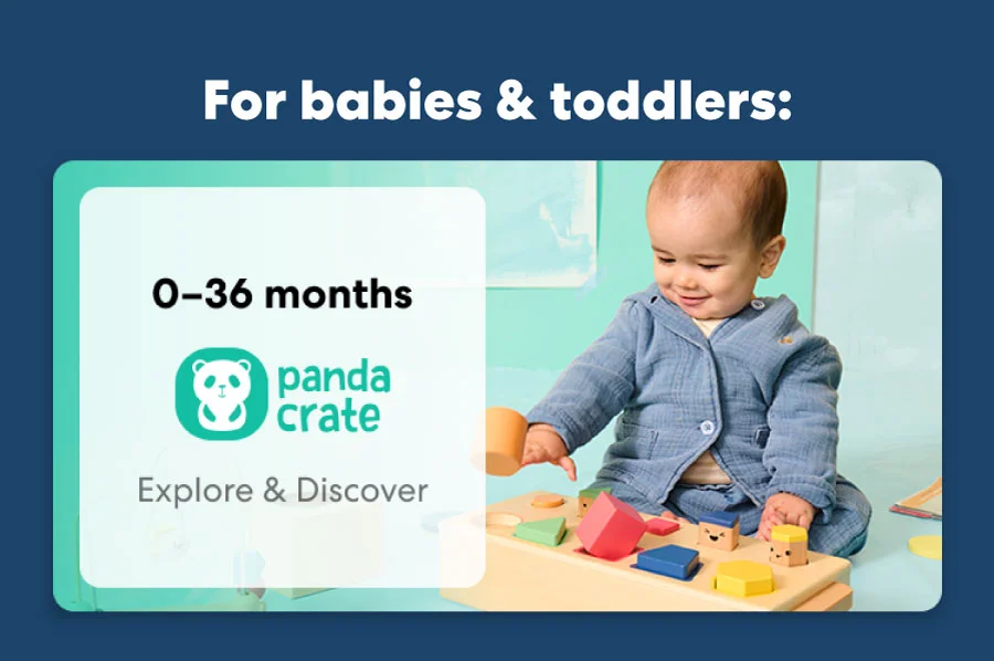 Baby playing with a KiwiCo Panda Crate toy. Designed for ages 0–36 months to explore and discover.