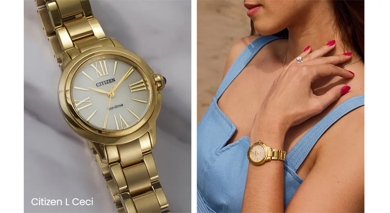 Close up of the Citizen L Ceci and a women in blue wearing the watch