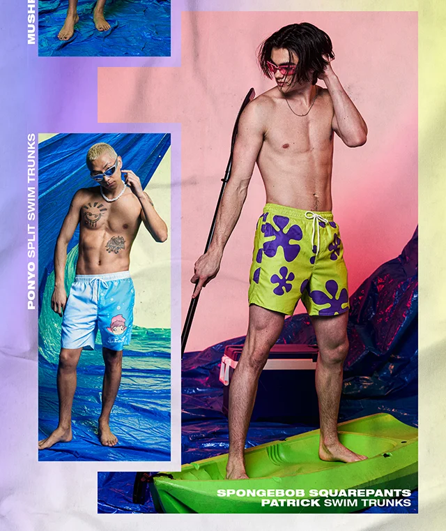 Ponyo Split Swim Trunks And SpongeBob SquarePants Patrick Swim Trunks Shown