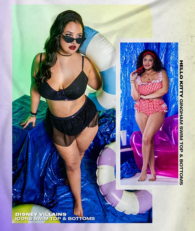 Disney Villains Icons Swim Top And Bottoms And Hello Kitty Gingham Swim Top And Bottoms Shown